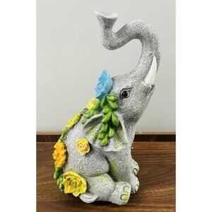Outdoor Elephant Sculpture Statue - Solar Garden Elephant with 7 LED Succulent